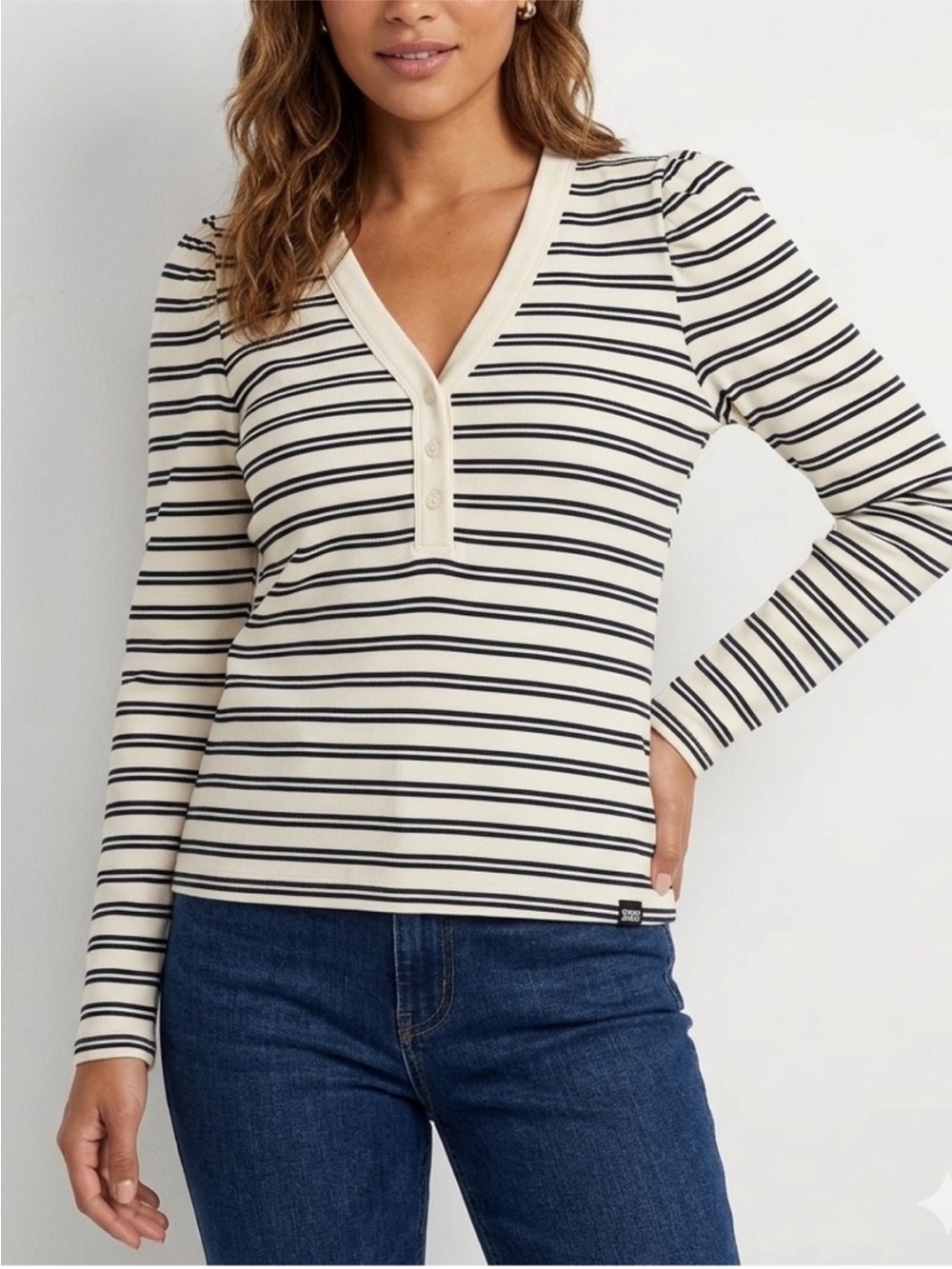 DKNY Cream Black Striped Long-Sleeve Henley Puff Shoulder Top Preppy Minimalist